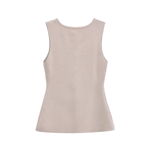 Detail shot of mauve knit tank top showing high-quality vertical ribbed texture and slim fit