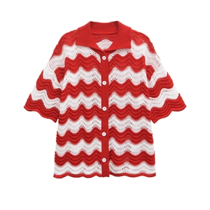 Women's summer knit cardigan with red and white chevron stripes and button-down collar
