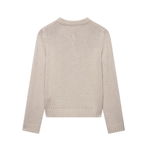 Women's casual loose single-breasted knit cardigan in beige, back view flat lay display