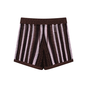 Vertical striped knit shorts in brown and pink with drawstring waist for summer vacation
