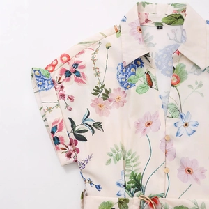 Short sleeve floral silk-texture mini dress with matching gold buckle waist belt