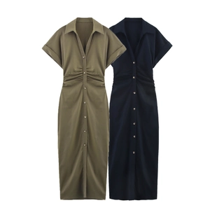 Abito A Camicia Da Donna Manica Corta Misto Lino Vita Arricciata Tinta Unita Estate Midi Casual Ufficio Elegante