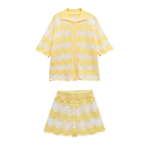 Women's summer two-piece knit set featuring yellow wavy stripes and short sleeve cardigan