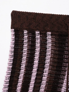 Macro detail of knitted striped fabric with openwork mesh texture and brown belt element