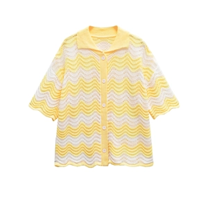 Women's summer yellow wave stripe knit short sleeve cardigan with scallop edges