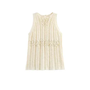 Elegant Artificial Pearl Beaded Cable Knit Vest Beige Sleeveless Round Neck Sweaters Top Casual Chic Knitted Waistcoat For Women