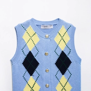 Sky blue vintage Argyle knit vest with V-neck and decorative gold metal buttons