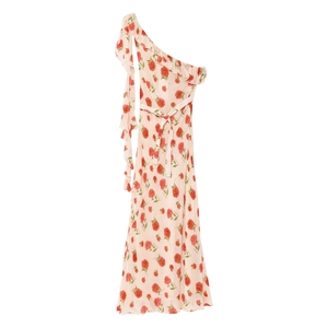 Floral one-shoulder maxi dress with red rose print and ruffled neckline trim