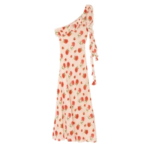 Floral one-shoulder midi dress with red rose print and ruffled neckline details