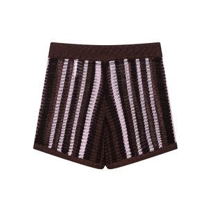 Women's knit shorts with pink and brown vertical stripes, featuring high waist crochet texture