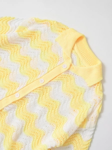 Close-up of yellow wavy crochet knit fabric with polo collar and white buttons