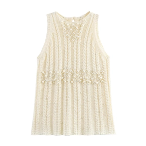 Elegant cream knit vest with cable pattern and faux pearl embellishments on round neck