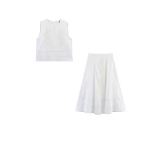 French Lace Patchwork Vest And A-Line Skirt Women Cotton Blend Embroidery Hollow Out Sleeveless Top Midi Skirt Summer Outfit