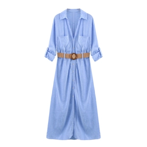 Blue and white striped shirt dress with waist belt and long sleeves for women