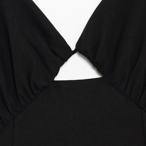 Women black irregular sleeveless summer strap dress with deep V-neck and twist detail