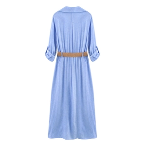 Women's blue white striped shirt maxi dress with brown woven belt and rolled-up sleeves