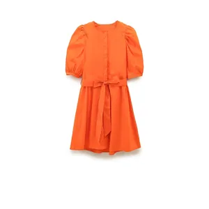 Robe Midi Élégante à Manches Bouffantes Femme Rouge Orangé Mélange de Coton Taille Haute Coupe en A Col Rond Ceinture Été