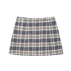 Mini-jupe trapèze pour femme à carreaux bleu marine et blanc en tissu tweed
