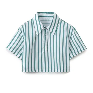 Polo Court Femme Décontracté à Rayures Vert Blanc Manches Courtes Boutonné Streetwear Mode Été Chemisier Court Top