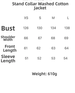 Detailed size chart for stand collar washed cotton jacket including measurements XS to L