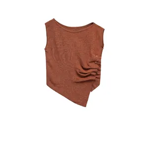 Women's Sexy Knit Tank Top Asymmetric Ruched Sleeveless Shirt With Buttons Terracotta Casual Summer Round Neck Slim Fit Top