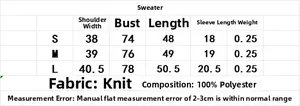 Detailed size chart for women's knit sweater including S, M, L measurements and 100% polyester