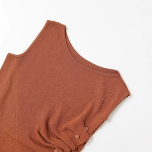 Women's summer knit tank top with round neck and side button details in brick red color