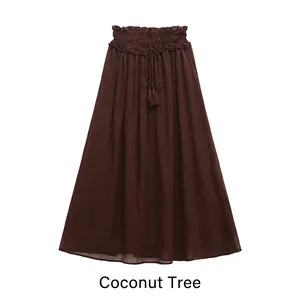 Women Elastic High Waist Pleated Maxi Skirt With Tassel Drawstring Double Layer Cotton Blend A-Line Loose Casual Solid Skirt