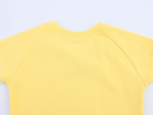 Detail of round neckline and raglan sleeve stitching on yellow cotton knit t-shirt