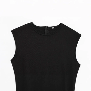 Elegant sleeveless black knit dress with a classic round neck and discrete back zipper