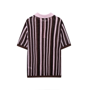 Women's pink and brown striped knit polo shirt with short sleeves and hollow-out texture