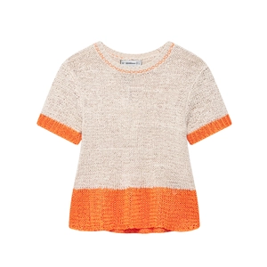 Women casual short sleeve knit sweater in cream with bright orange contrast trim detailing