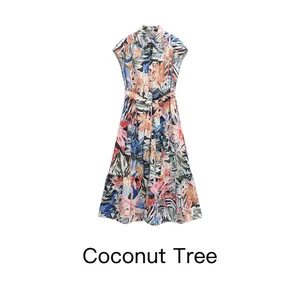Robe Chemise d'été pour Femmes à Imprimé Floral Tropical Revers Sans Manches Boutonnage Taille Nouée Robe Maxi à étages