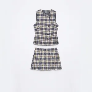 Tenues Élégantes en Tweed à Carreaux pour Femmes Gilet sans Manches à Boutons et Jupe-Culotte à Taille Haute Streetwear Casual Coordonnés