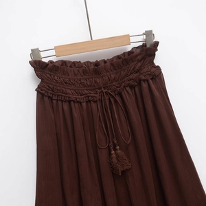 Minimalist loose dark brown high waist skirt with elastic waistband and tassel drawstring