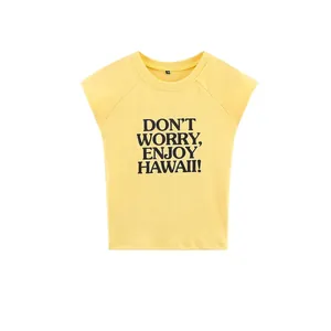 Women Casual Cotton Blend Round Neck Short Sleeve T-Shirt Yellow Slogan Print Slim Fit Summer Streetwear Top For Ladies