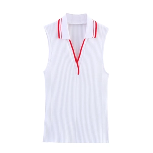 Women's white sleeveless ribbed knit Polo top with red striped V-neck collar detail
