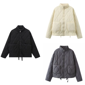 Quilted stand collar jackets with front zipper and drawstring hem in three colors