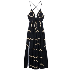 Sleeveless black bohemian maxi dress with V-neck, metal ring, and geometric print
