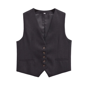 Gilet de costume vintage à col en V avec boutons marrons et poches passepoilées