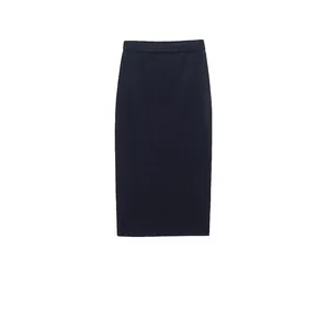 Women Elegant Navy Blue Knit Midi Skirt High Waist Front Split Elastic Waist Solid Color Casual Office Long Skirt