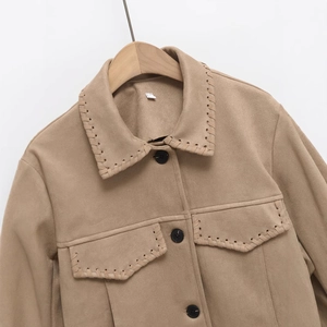 Short brown faux suede jacket with button closure and hand-woven stitching detail