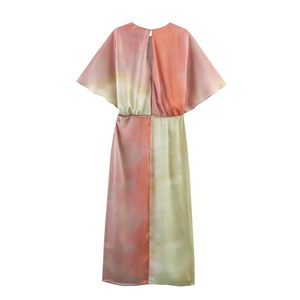 Robe midi dégradée pour femme avec col rond et manches papillon élégantes en satin