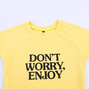 Slim fit bright yellow crew neck t-shirt with black bold Don't Worry Enjoy letter print