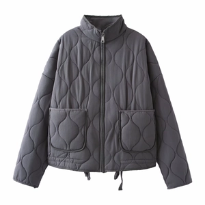 Dark grey quilted standing collar jacket with large pockets and drawstring hem