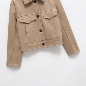 Women's camel faux suede jacket with contrast stitching and double chest pockets
