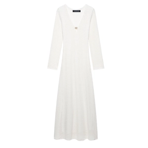 Women V Neck Crochet Midi Dress Metallic Ring Detail Long Sleeve Hollow Knitted A-Line Summer Slim Fit Dress White