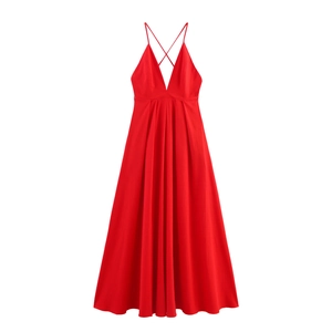 Robe Longue Dos Nu à Col en V Profond pour Femme Plissée en Polyester Taille Haute Lacée Streetwear Été Vacances Fête Robe Rouge