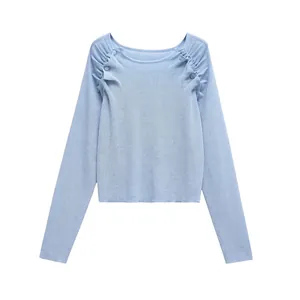 Top in Maglia di Cotone Mercerizzato Slim Fit da Donna Manica Lunga Girocollo Pullover a Costine Pieghe sulle Spalle Bottoni