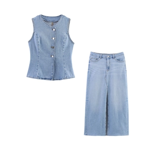 Ensemble d'Été en Denim pour Femmes Gilet et Jupe Midi Fendue Top et Jupe Décontracté Navetteur Bleu Clair Délavé